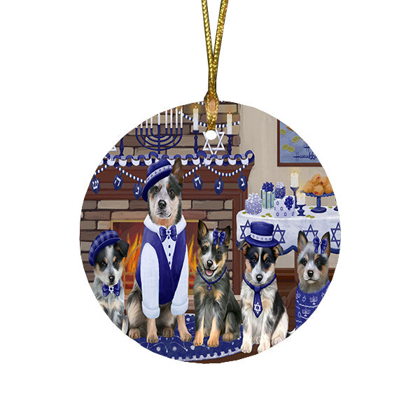 Happy Hanukkah Family and Happy Hanukkah Both Blue Heeler Dogs Round Flat Christmas Ornament RFPOR57502