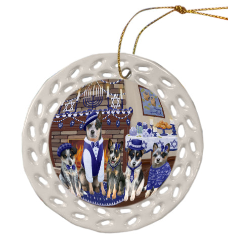 Happy Hanukkah Family Blue Heeler Dogs Doily Ornament DPOR57956
