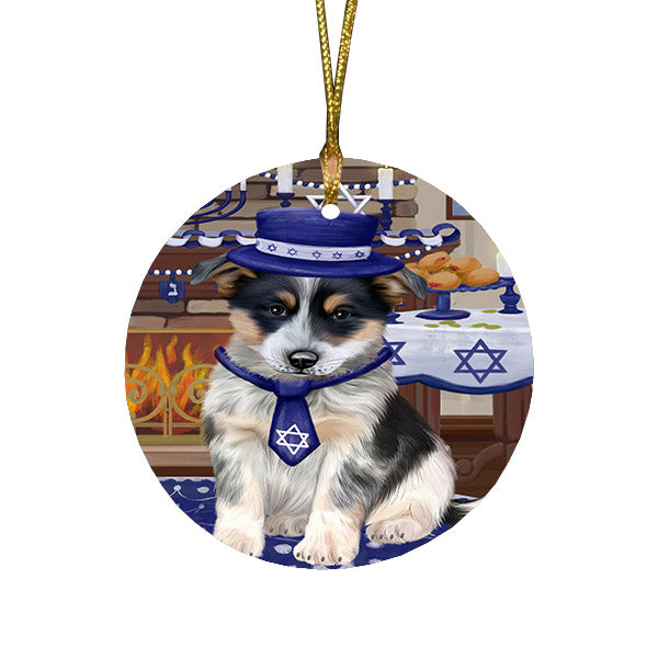 Happy Hanukkah Family and Happy Hanukkah Both Blue Heeler Dog Round Flat Christmas Ornament RFPOR57558