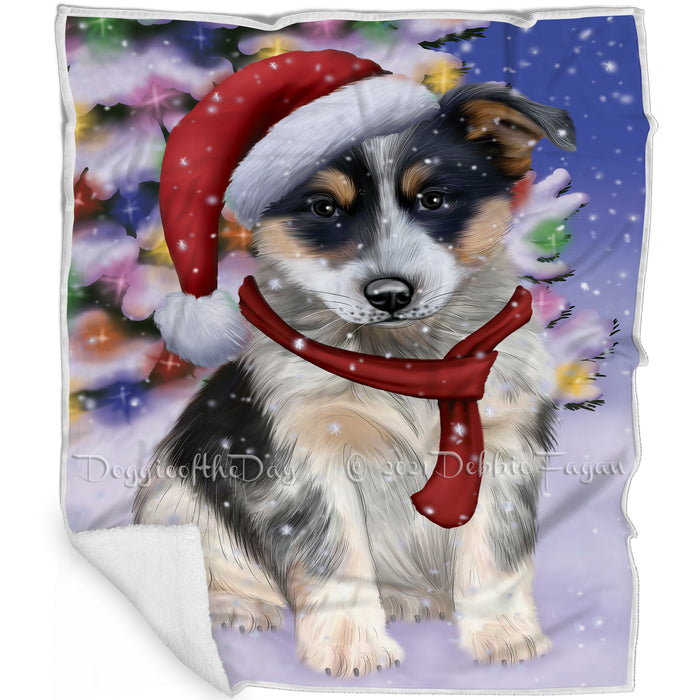 Winterland Wonderland Blue Heeler Dog In Christmas Holiday Scenic Background Blanket BLNKT101010