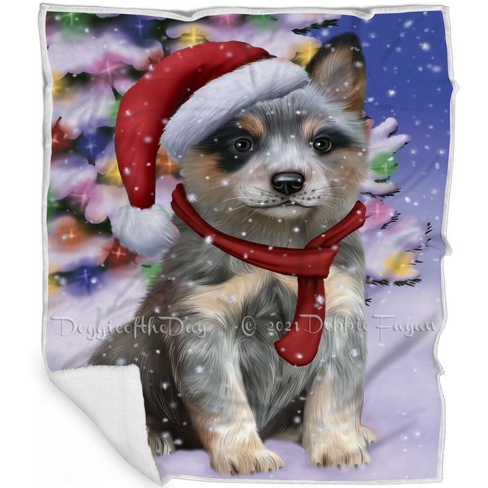 Winterland Wonderland Blue Heeler Dog In Christmas Holiday Scenic Background Blanket BLNKT101019