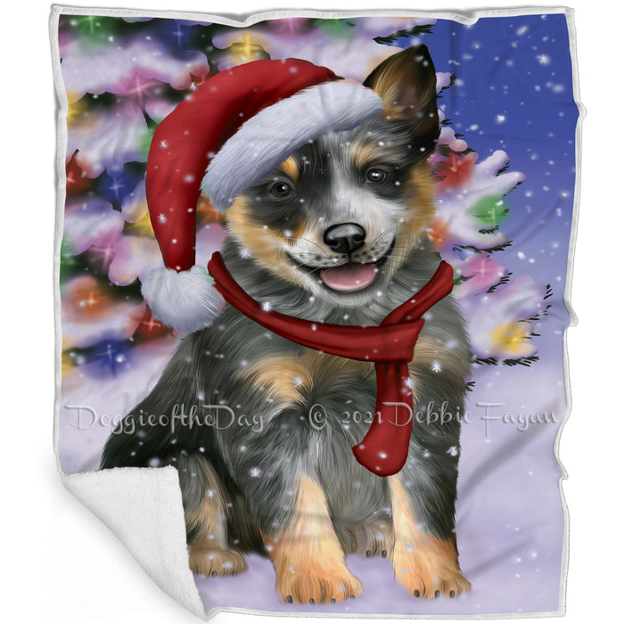 Winterland Wonderland Blue Heeler Dog In Christmas Holiday Scenic Background Blanket BLNKT101028