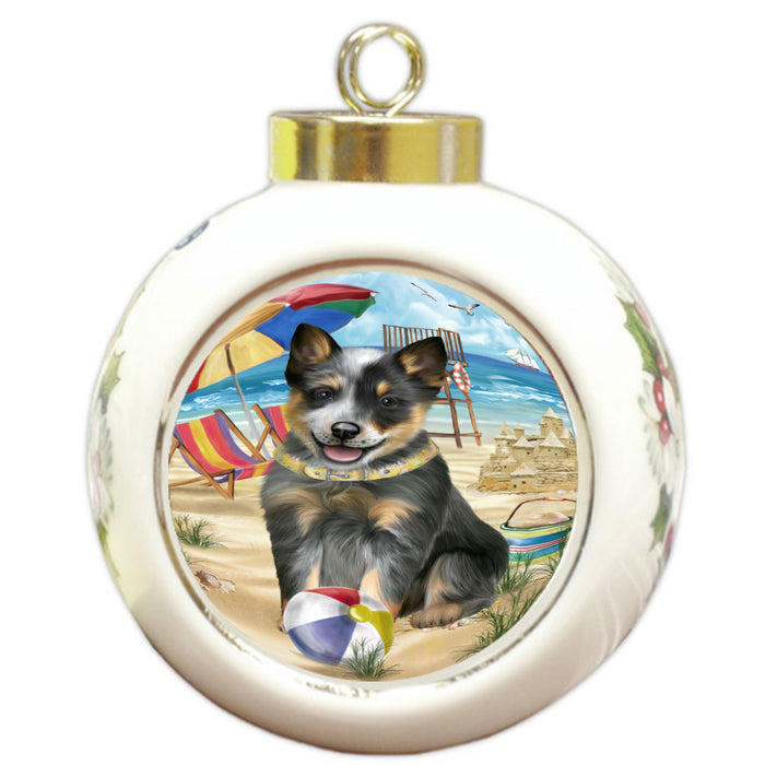 Pet Friendly Beach Blue Heeler Dog Round Ball Christmas Ornament Pet Decorative Hanging Ornaments for Christmas X-mas Tree Decorations - 3" Round Ceramic Ornament, RBPOR59381