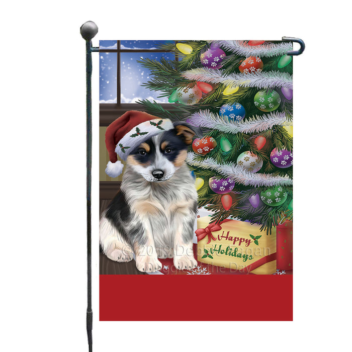 Personalized Christmas Happy Holidays Blue Heeler Dog with Tree and Presents Custom Garden Flags GFLG-DOTD-A58600
