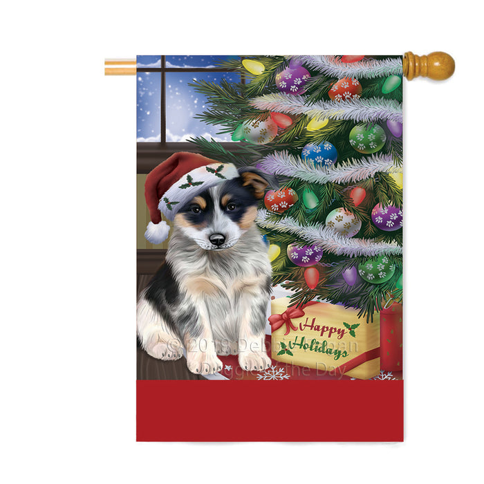 Personalized Christmas Happy Holidays Blue Heeler Dog with Tree and Presents Custom House Flag FLG-DOTD-A58656