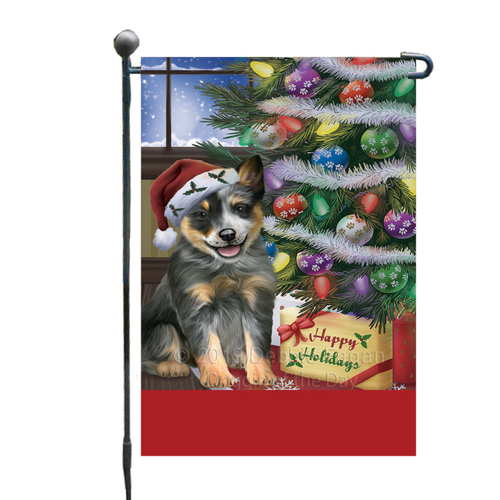 Personalized Christmas Happy Holidays Blue Heeler Dog with Tree and Presents Custom Garden Flags GFLG-DOTD-A58601