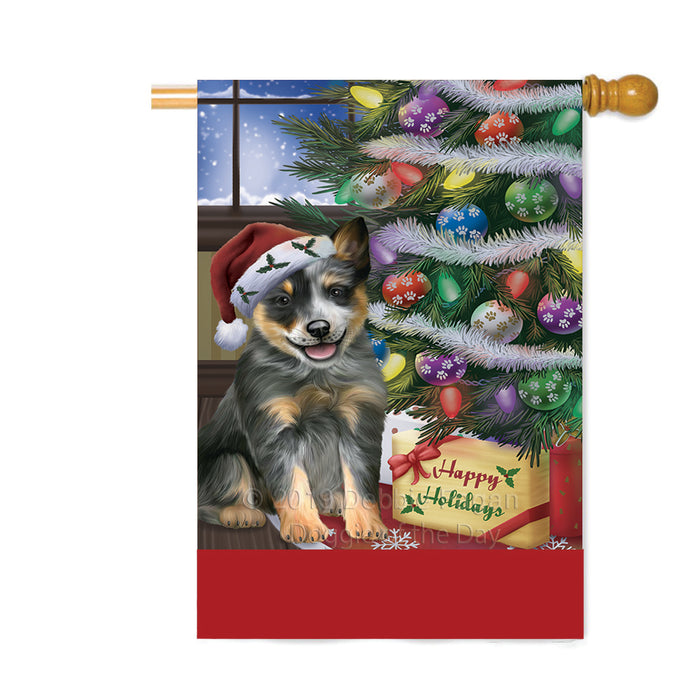 Personalized Christmas Happy Holidays Blue Heeler Dog with Tree and Presents Custom House Flag FLG-DOTD-A58657