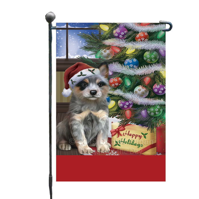 Personalized Christmas Happy Holidays Blue Heeler Dog with Tree and Presents Custom Garden Flags GFLG-DOTD-A58602
