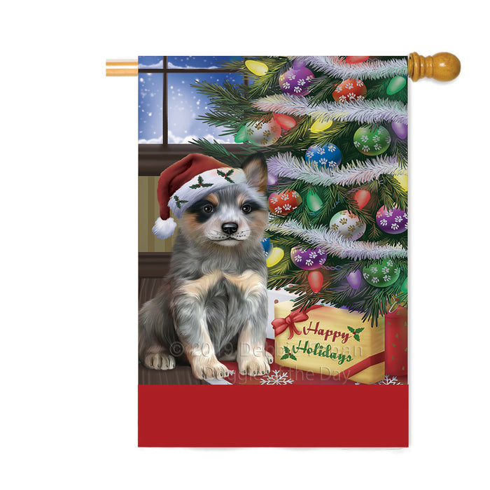 Personalized Christmas Happy Holidays Blue Heeler Dog with Tree and Presents Custom House Flag FLG-DOTD-A58658