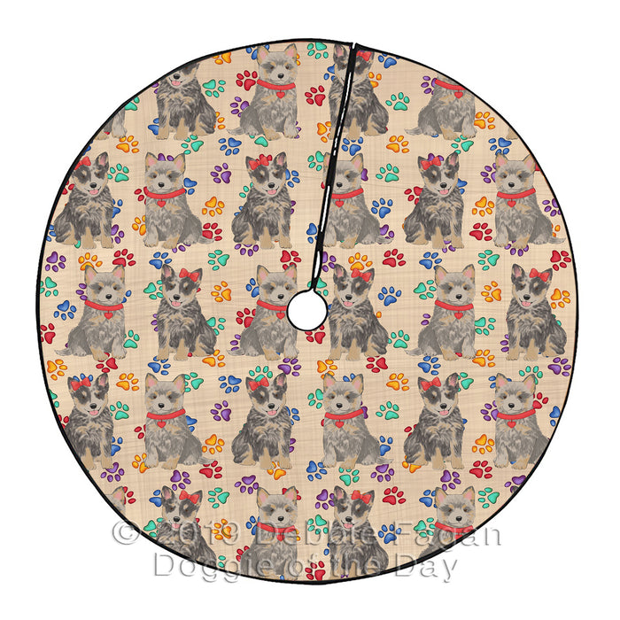 Rainbow Paw Print Blue Heeler Dogs Red Christmas Tree Skirt