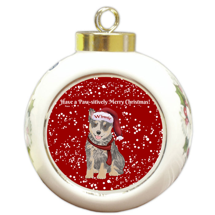 Custom Personalized Pawsitively Blue Heeler Dog Merry Christmas Round Ball Ornament