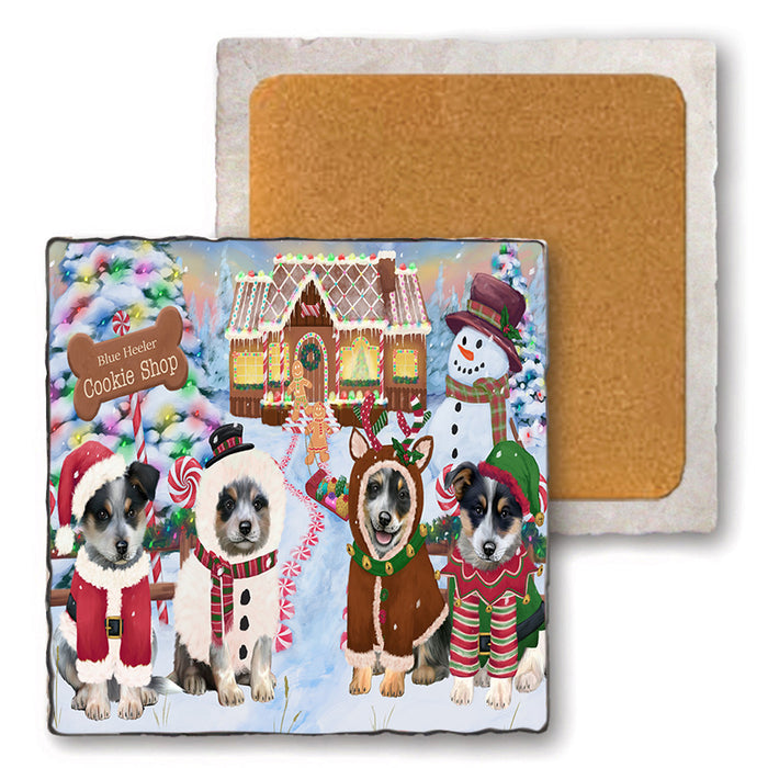 Holiday Gingerbread Cookie Shop Blue Heelers Dog Set of 4 Natural Stone Marble Tile Coasters MCST51110