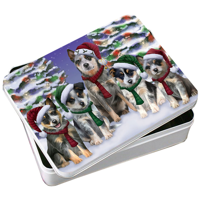 Blue Heelers Dog Christmas Family Portrait in Holiday Scenic Background Photo Storage Tin PITN52709