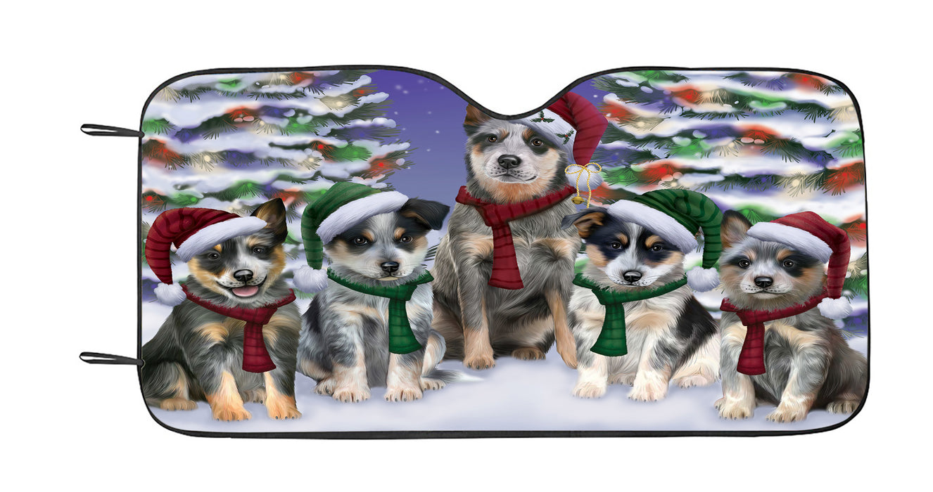 Blue Heeler Dogs Christmas Family Portrait in Holiday Scenic Background Car Sun Shade