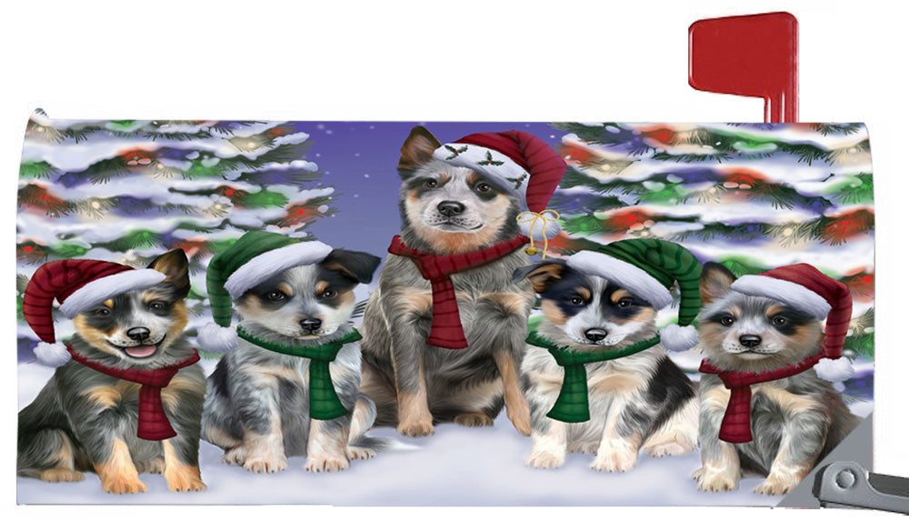 Magnetic Mailbox Cover Blue Heelers Dog Christmas Family Portrait in Holiday Scenic Background MBC48203