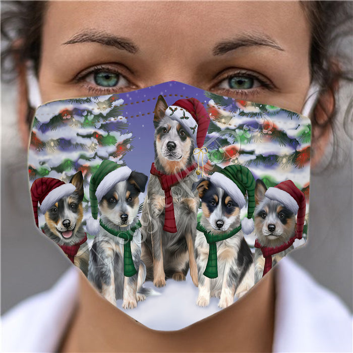 Blue Heeler Dogs Christmas Family Portrait in Holiday Scenic Background Face Mask FM48322