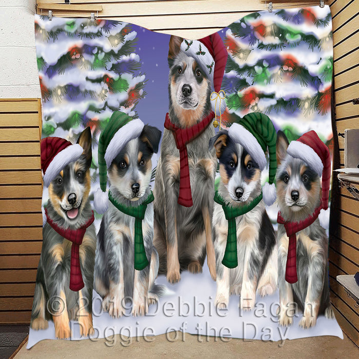Blue Heeler Dogs Christmas Family Portrait in Holiday Scenic Background Quilt