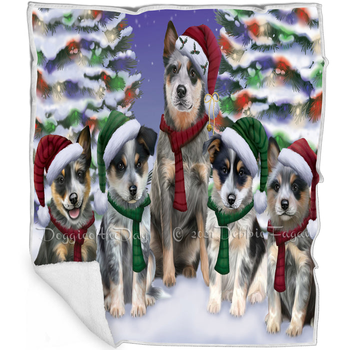 Blue Heelers Dog Christmas Family Portrait in Holiday Scenic Background  Blanket BLNKT90669