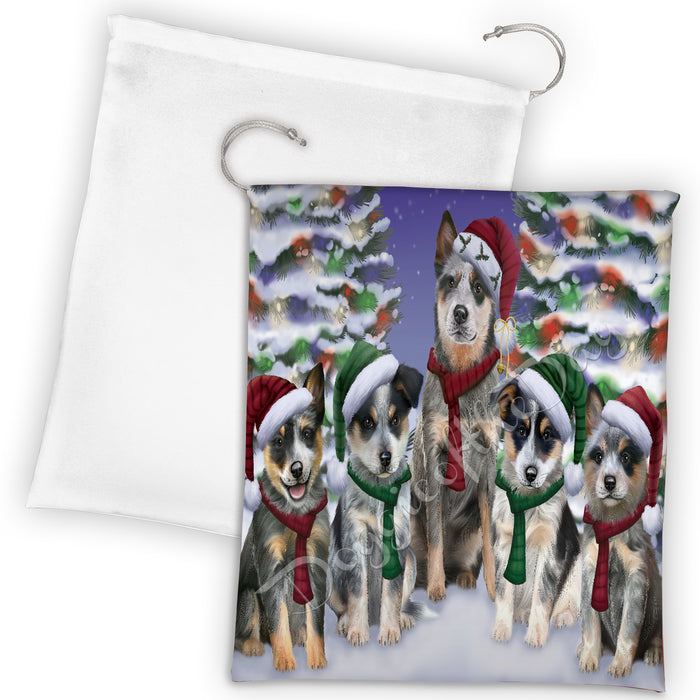 Blue Heeler Dogs Christmas Family Portrait in Holiday Scenic Background Drawstring Laundry or Gift Bag LGB48120