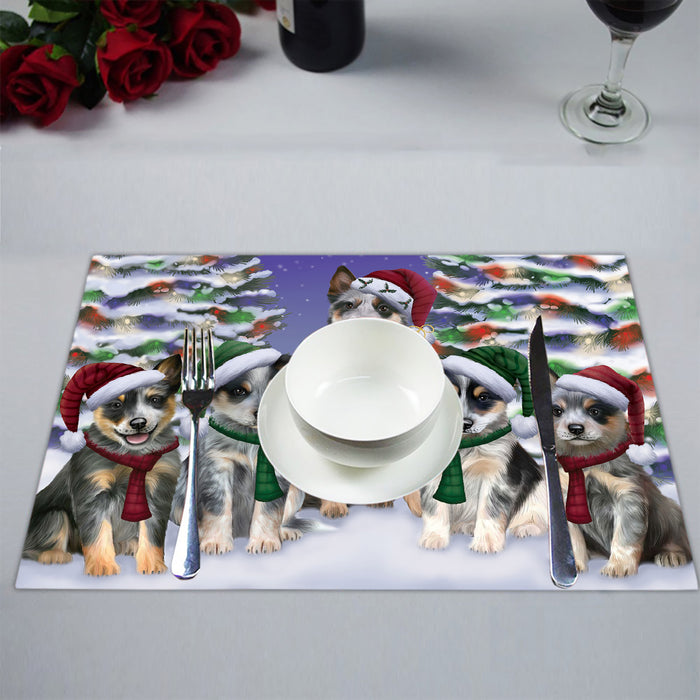 Blue Heeler Dogs Christmas Family Portrait in Holiday Scenic Background Placemat