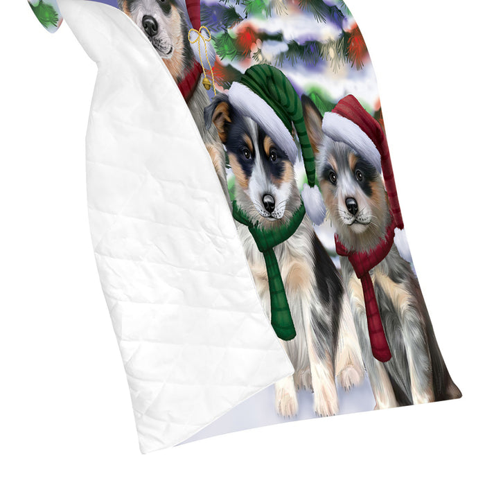 Blue Heeler Dogs Christmas Family Portrait in Holiday Scenic Background Quilt