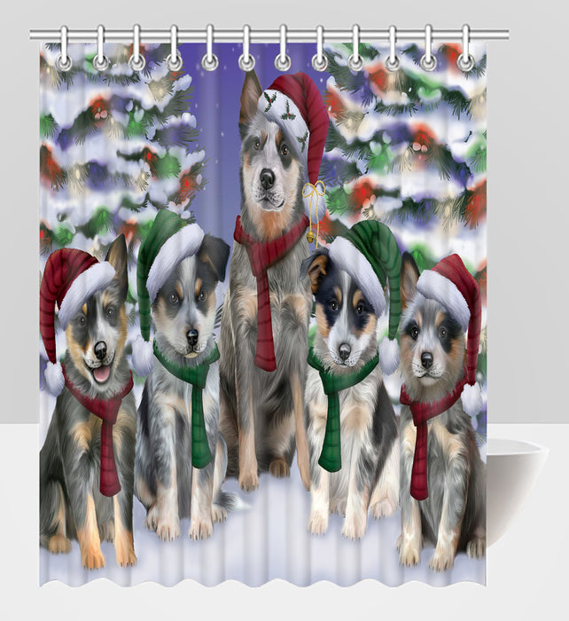 Blue Heeler Dogs Christmas Family Portrait in Holiday Scenic Background Shower Curtain