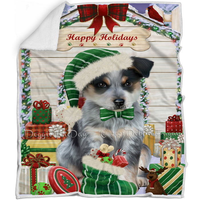 Happy Holidays Christmas Blue Heeler Dog House with Presents Blanket BLNKT142056