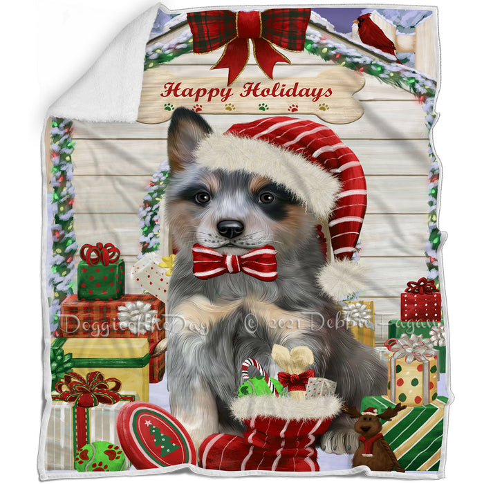 Happy Holidays Christmas Blue Heeler Dog House with Presents Blanket BLNKT142058