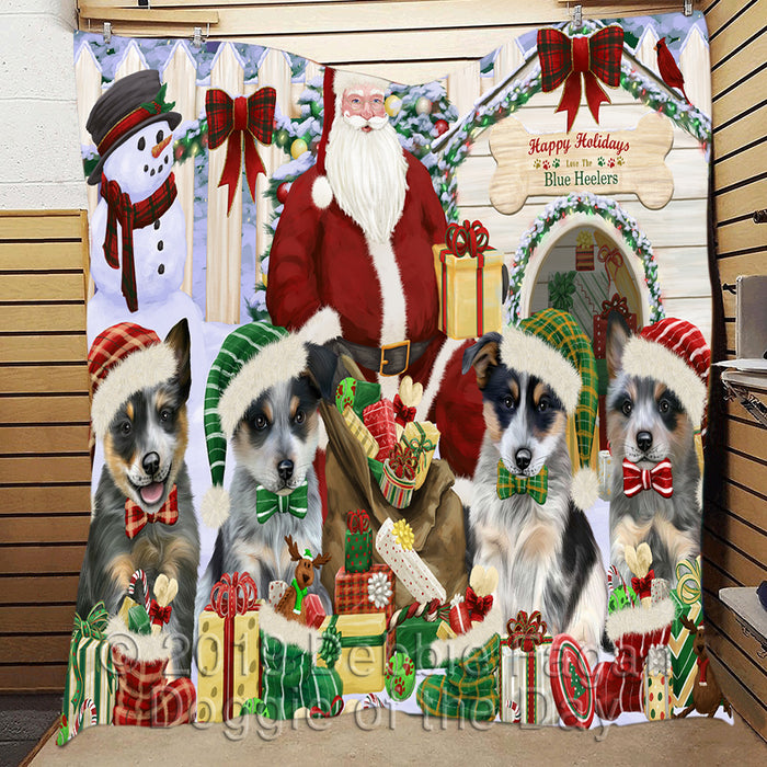 Happy Holidays Christmas Blue Heeler Dogs House Gathering Quilt
