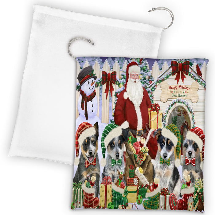 Happy Holidays Christmas Blue Heeler Dogs House Gathering Drawstring Laundry or Gift Bag LGB48023