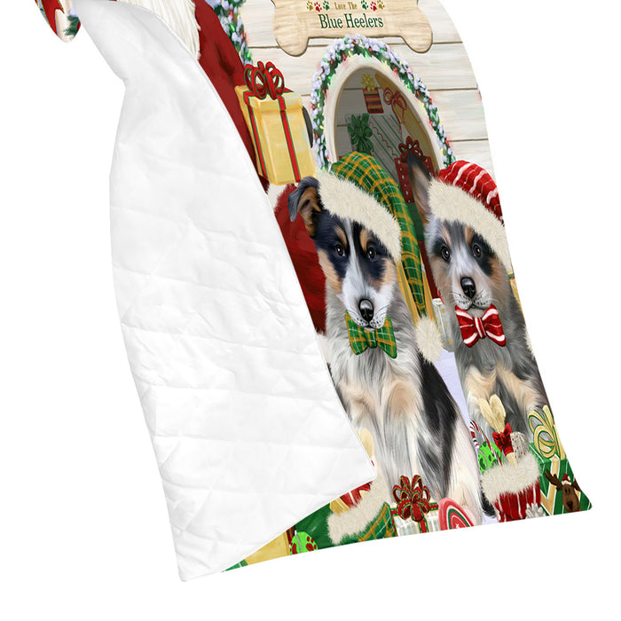 Happy Holidays Christmas Blue Heeler Dogs House Gathering Quilt