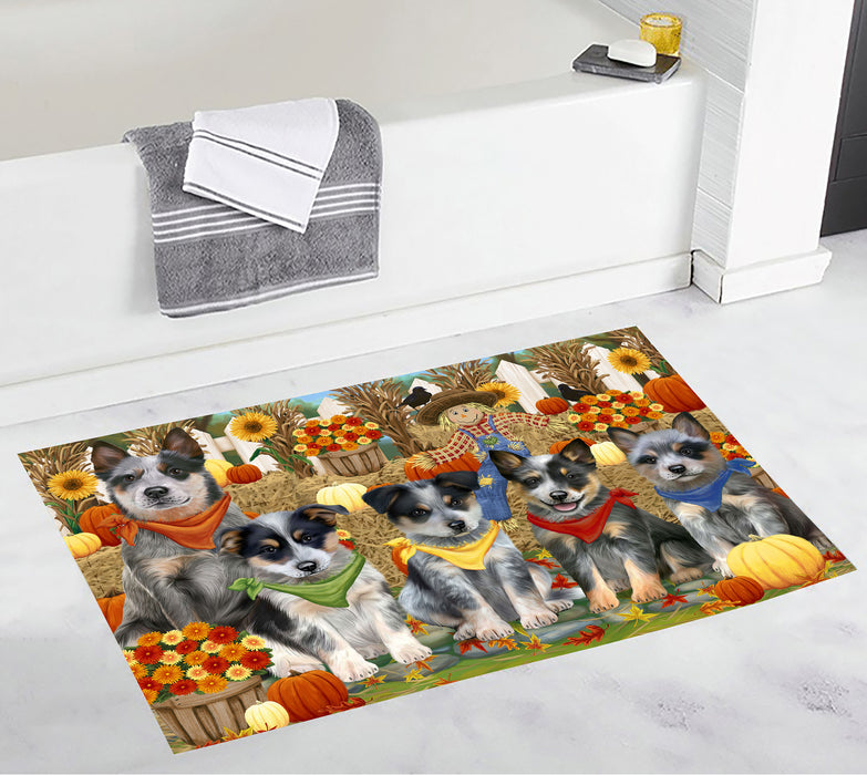 Fall Festive Harvest Time Gathering Blue Heeler Dogs Bath Mat