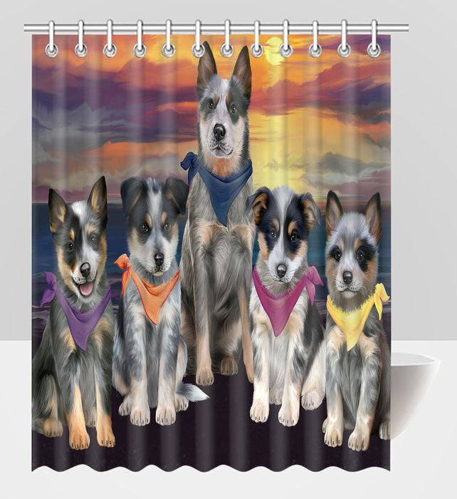 Family Sunset Portrait Blue Heeler Dogs Shower Curtain
