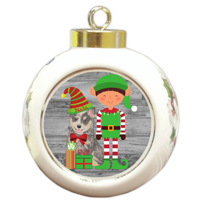 Custom Personalized Blue Heeler Dog Elfie and Presents Christmas Round Ball Ornament