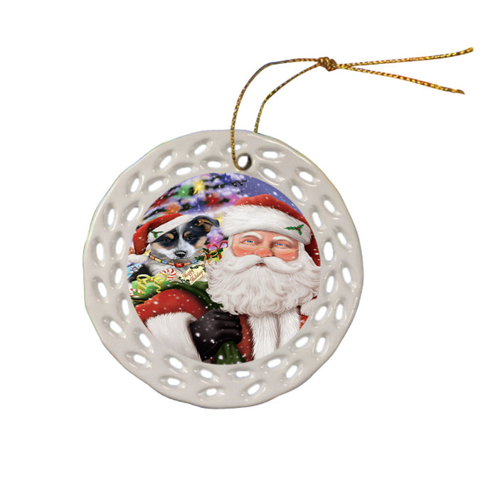 Santa Carrying Blue Heeler Dog and Christmas Presents Ceramic Doily Ornament DPOR53676