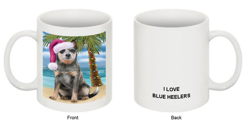 Summertime Happy Holidays Christmas Blue Heeler Dog on Tropical Island Beach Coffee Mug MUG49812