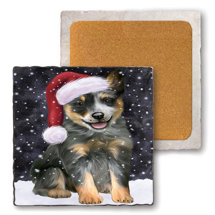 Let it Snow Christmas Holiday Blue Heeler Dog Wearing Santa Hat Set of 4 Natural Stone Marble Tile Coasters MCST49285
