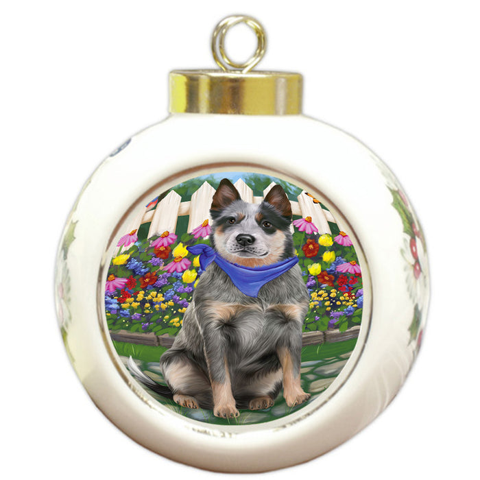 Spring Floral Blue Heeler Dog Round Ball Christmas Ornament RBPOR52241