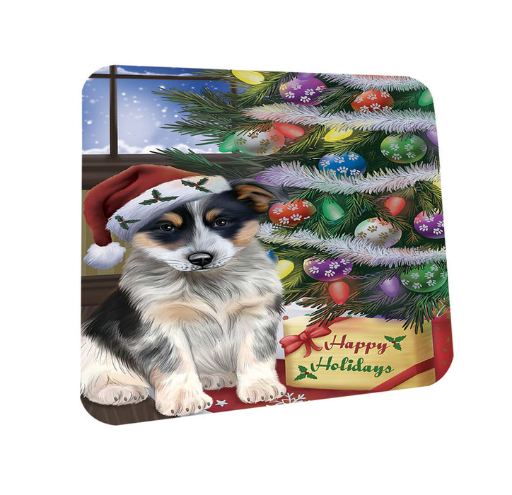 Christmas Happy Holidays Blue Heeler Dog with Tree and Presents Coasters Set of 4 CST53403