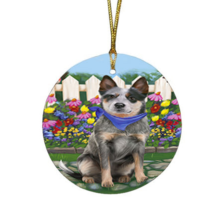 Spring Floral Blue Heeler Dog Round Flat Christmas Ornament RFPOR52232