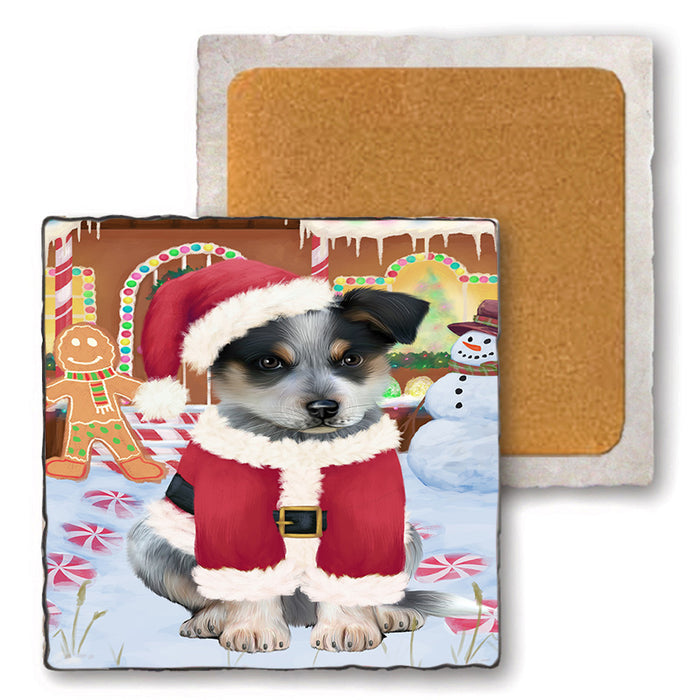 Christmas Gingerbread House Candyfest Blue Heeler Dog Set of 4 Natural Stone Marble Tile Coasters MCST51194