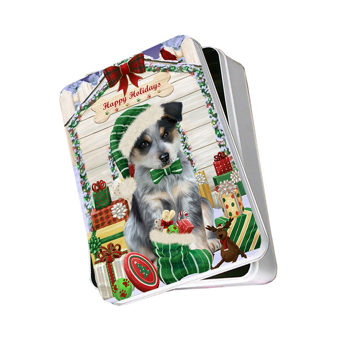 Happy Holidays Christmas Blue Heeler Dog With Presents Photo Storage Tin PITN52642
