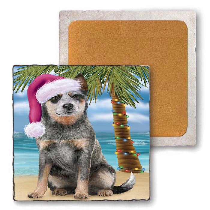 Summertime Happy Holidays Christmas Blue Heeler Dog on Tropical Island Beach Set of 4 Natural Stone Marble Tile Coasters MCST49414