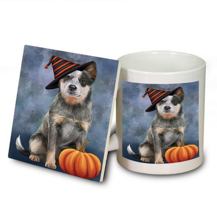 Happy Halloween Blue Heeler Dog Wearing Witch Hat with Pumpkin Mug and Coaster Set MUC54712