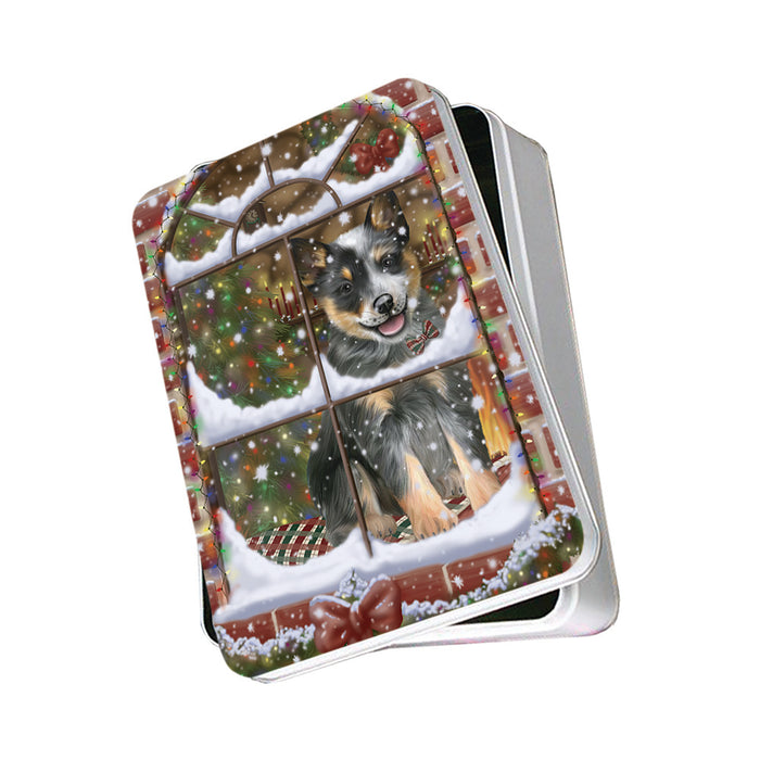 Please Come Home For Christmas Blue Heeler Dog Sitting In Window Photo Storage Tin PITN57533