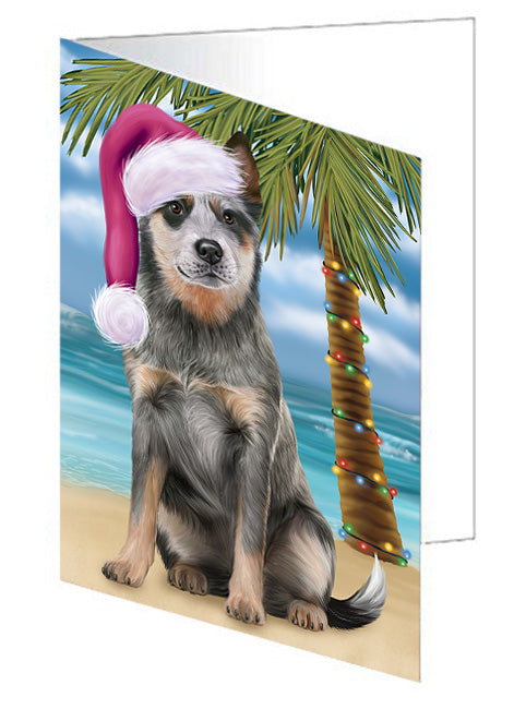 Summertime Happy Holidays Christmas Blue Heeler Dog on Tropical Island Beach Handmade Artwork Assorted Pets Greeting Cards and Note Cards with Envelopes for All Occasions and Holiday Seasons GCD67655