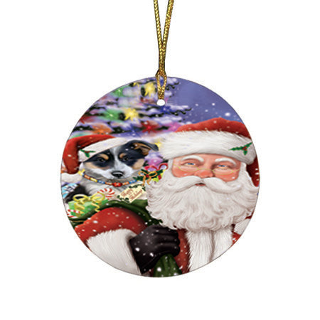 Santa Carrying Blue Heeler Dog and Christmas Presents Round Flat Christmas Ornament RFPOR53667