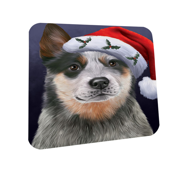 Christmas Holidays Blue Heeler Dog Wearing Santa Hat Portrait Head Coasters Set of 4 CST53451