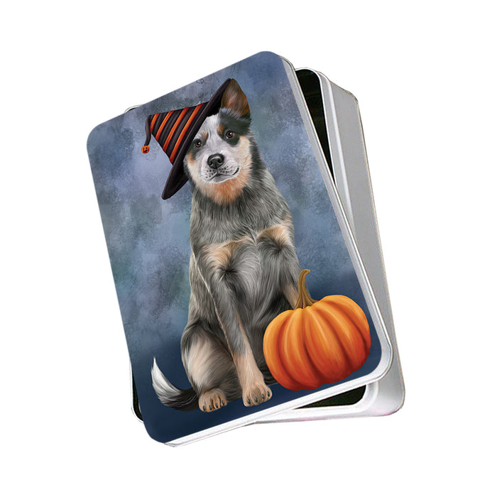 Happy Halloween Blue Heeler Dog Wearing Witch Hat with Pumpkin Photo Storage Tin PITN54663