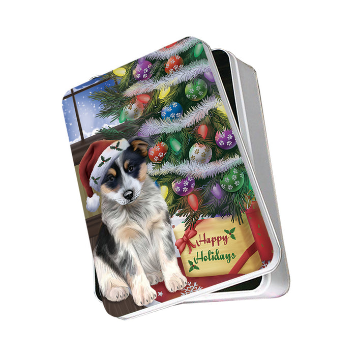 Christmas Happy Holidays Blue Heeler Dog with Tree and Presents Photo Storage Tin PITN53445